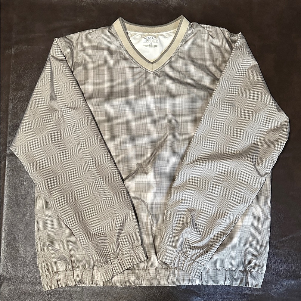 PGA Tour men's plaid V-neck pullover windbreaker jacket. Beige - Size L